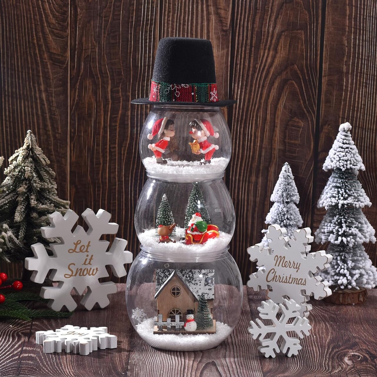 Christmas Decorations Indoor, DIY Fish Bowl Snowman Crafts, Christmas Centerpiece Table Decor, Snowman Xmas Decor, Festive Table Top Decor with Fake Snow & Figurine for Home Mantel Shelf (Black)